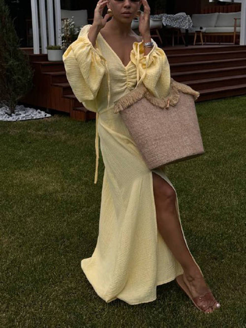 Women's Pleated Slit Lantern Sleeve Maxi Dress – Elegant Flowing Gown