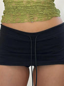 Women's Black Drawstring Slit Mini Skirt – Casual High-Waist Y2K Skirt