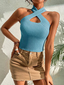 Women's Sleeveless Stretch Knit Top With Heart-Shaped Crossover Neck