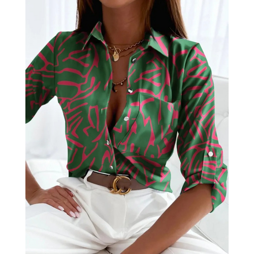 Women's Colorful Patterned Button-Up Blouse – Long Sleeve Business Shirt