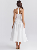Women's V-Neck Corset Style Midi Dress – Sleeveless Elegant Fitted Tulle Dress