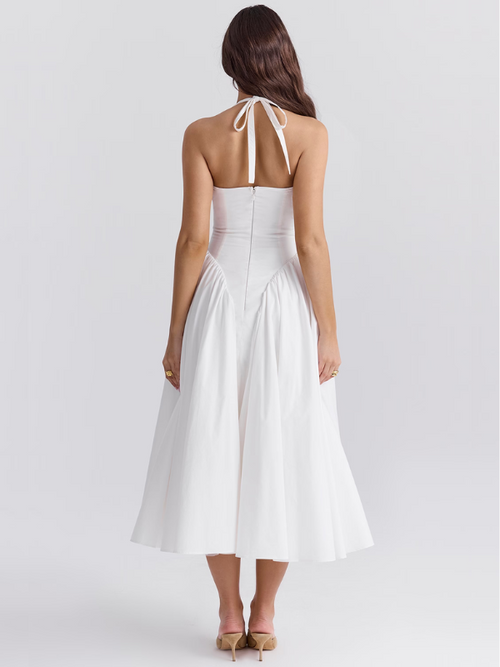 Women's V-Neck Corset Style Midi Dress – Sleeveless Elegant Fitted Tulle Dress