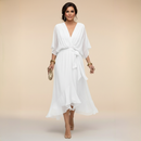 Women's Elegant V-Neck Chiffon Flared Midi Dress with Belt - Perfect Wedding Guest Dress