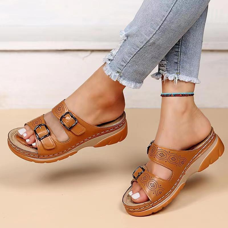 Women's Orthopedic Open-Toe Leather Sandals – Adjustable Buckle Comfort Shoes