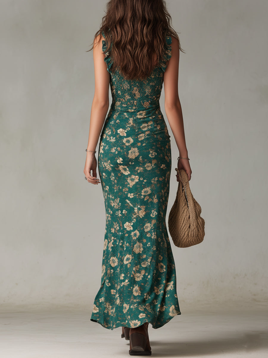Women's Boho Ruffled Sleeve Maxi Dress – High Slit Summer Dress