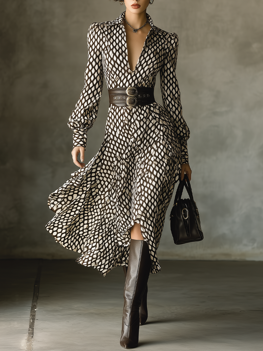 Women's Black And White Netted Chiffon Midi Dress (Without Belt)
