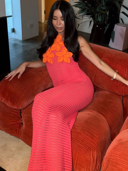 3D Flower Crochet Halter Backless Summer Dress