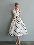 Women's Elegant Black And White Polka Dot Woven Collared Sleeveless Midi Dress