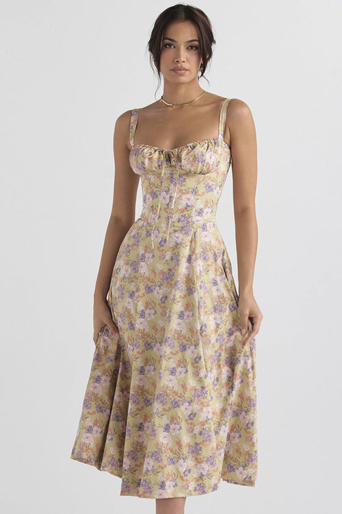 Women's Elegant Sleeveless Floral Party Dress with Slit and Sweetheart Neckline