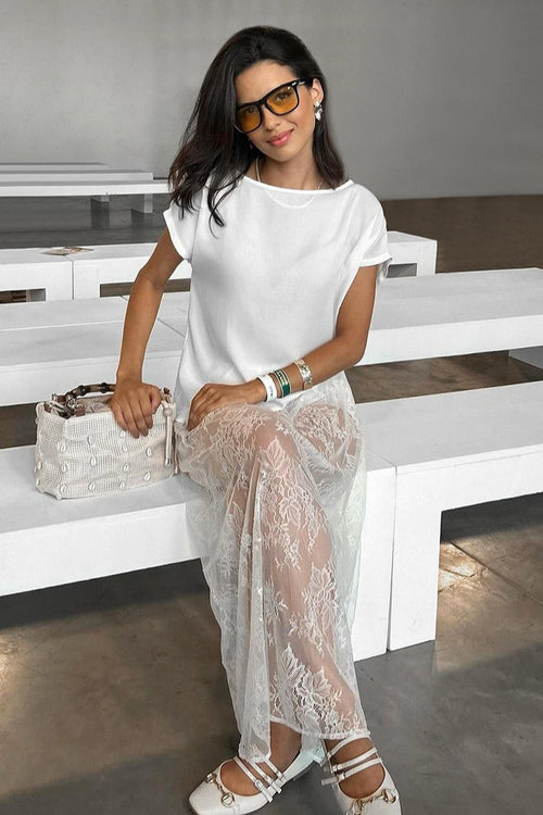 Sexy Sheer Brocade Lace White Jacquard Maxi Skirt