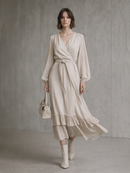 Women's Beige Cotton Blend Long-Sleeve Ruffled Wrap Midi Dress