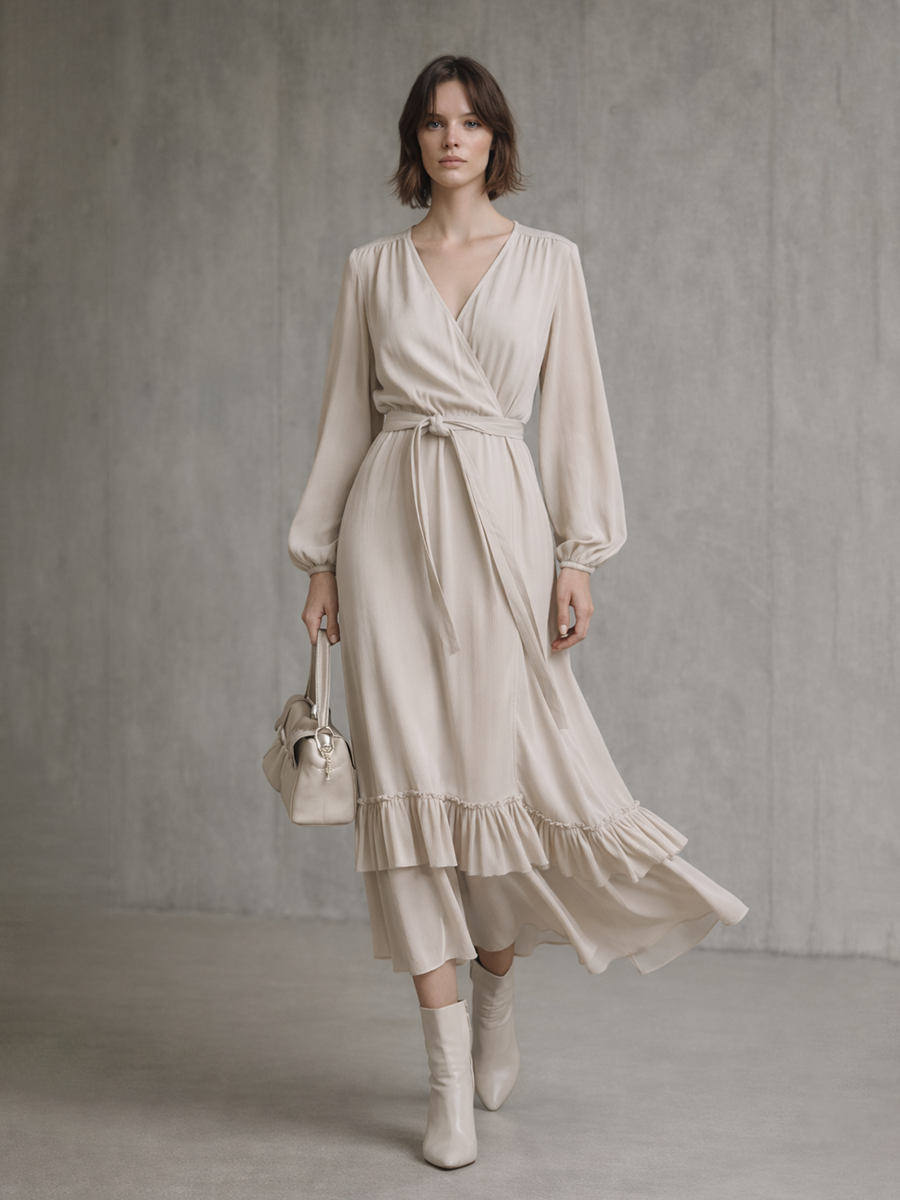 Women's Beige Cotton Blend Long-Sleeve Ruffled Wrap Midi Dress