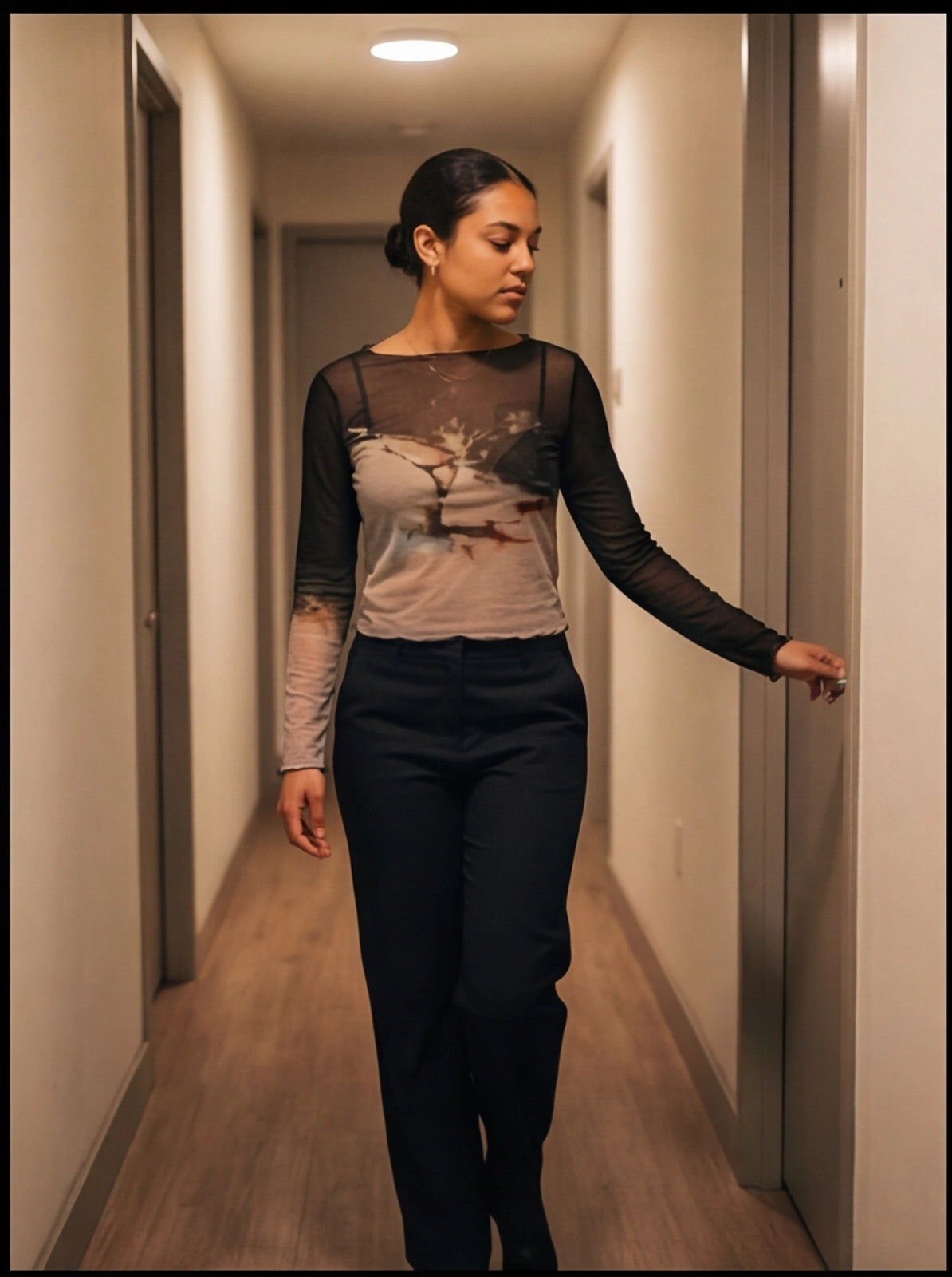 Abstract Print Black Mesh Long Sleeve Sheer Top