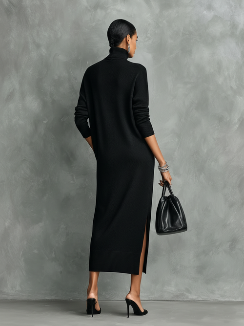 Women's Elegant Black Knitted Turtleneck Long-sleeved Loose-fitting  Midi Dress With No Pockets