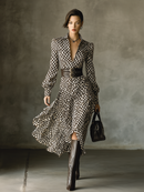 Women's Black And White Netted Chiffon Midi Dress (Without Belt)