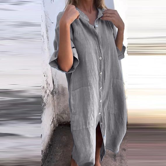 Women's Oversized Long Shirt Dress – Casual Button-Up Dress With Pockets