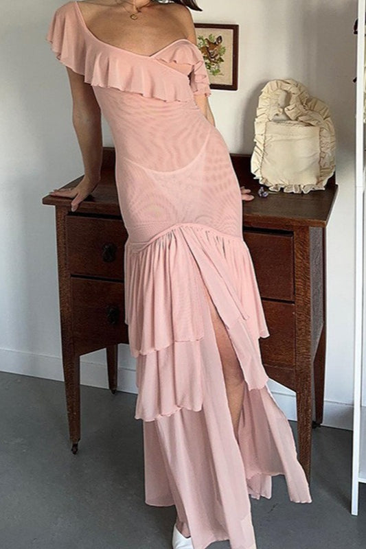 Asymmetric Sheer Ruffle Birthday Dress