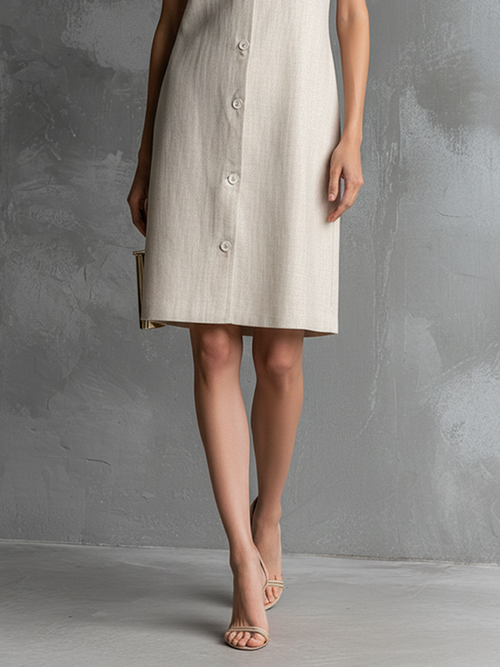 Women's Ivory Cotton Linen Sleeveless V-Neck Button-Front Midi Dress