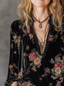 Vintage Floral Velvet Long-Sleeved Blouse