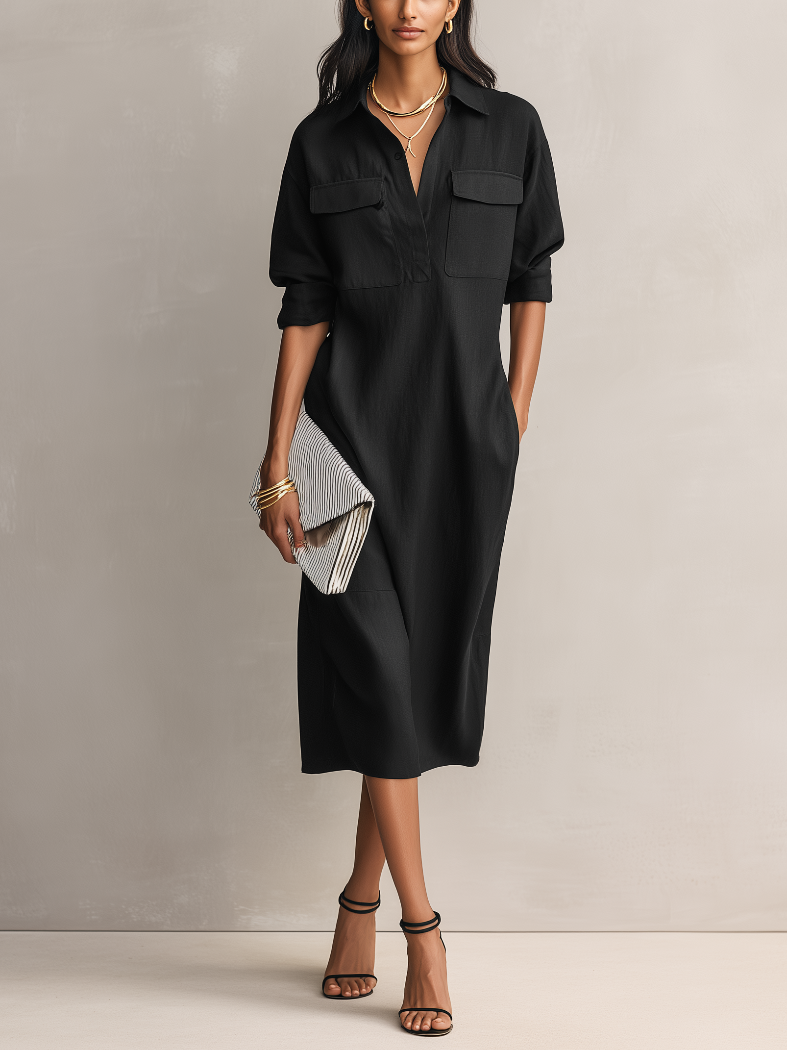 Women's Elegant Black Cotton-linen Blend Shirt Collar Short-sleeved Midi Dress