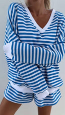 Women's V-Neck Striped Long Sleeve Two Piece Set – Casual Outfit