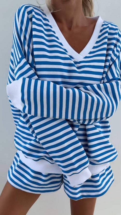 Women's V-Neck Striped Long Sleeve Two Piece Set – Casual Outfit