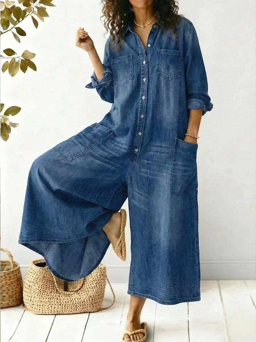 Women's Casual Wide Leg Denim Jumpsuit – Relaxed Fit Outfit