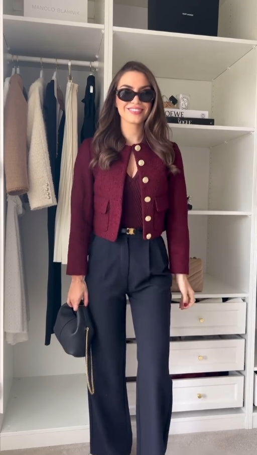 Women's Burgundy Tweed Three Piece Set – Elegant Jacket Outfit