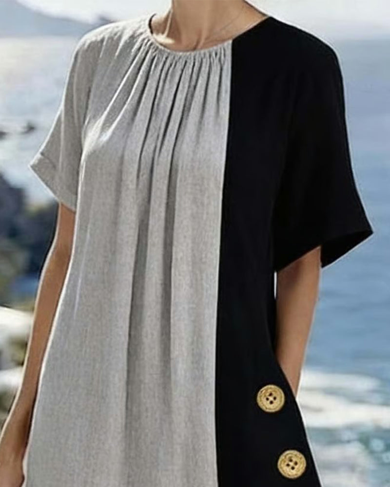 Casual Long Dress with Round Neck and Contrast Detail