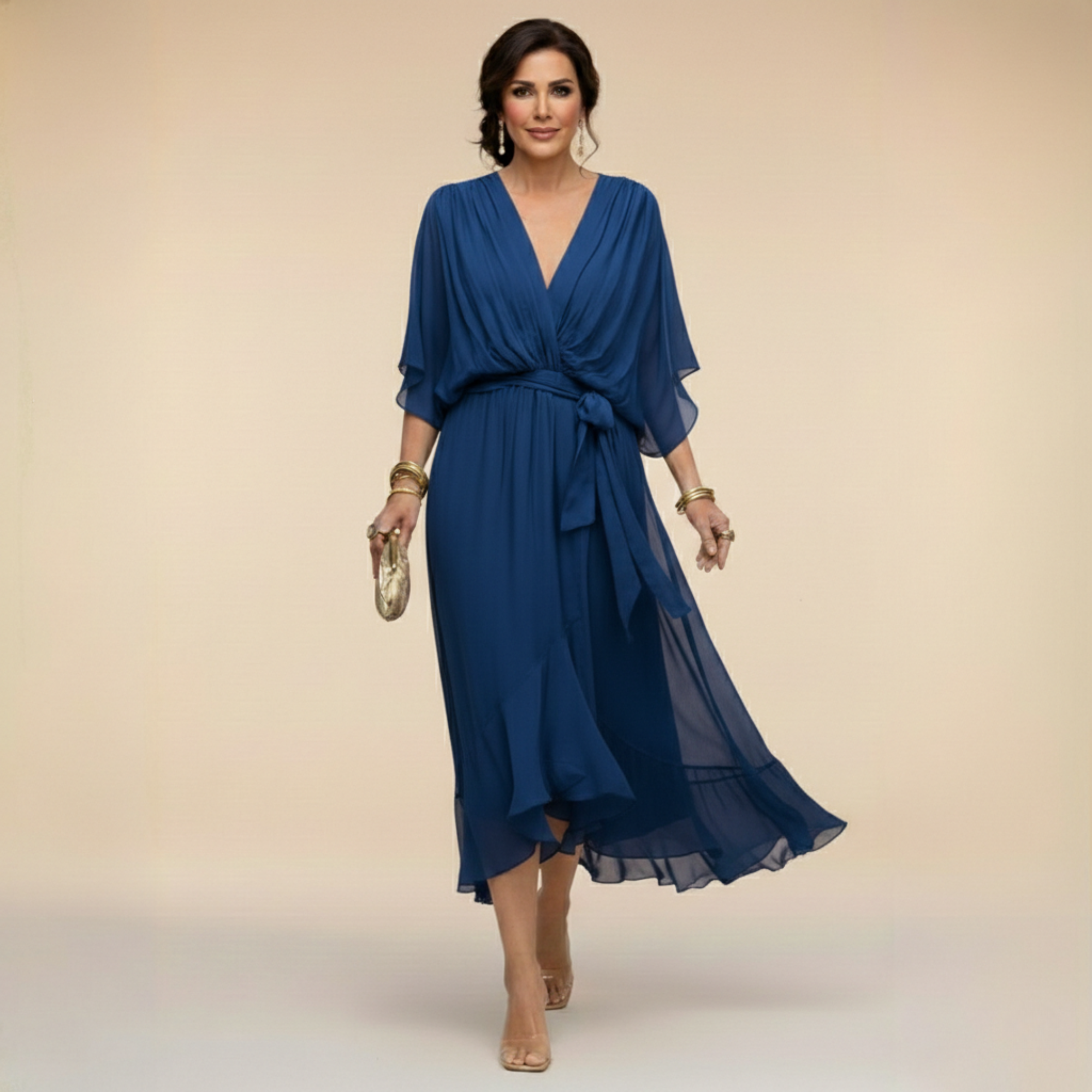 Women's Elegant V-Neck Chiffon Flared Midi Dress with Belt - Perfect Wedding Guest Dress