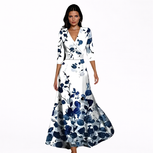Women’s V-Neck Longsleeve Floral Maxi Dress - Wrapped Elegant Style