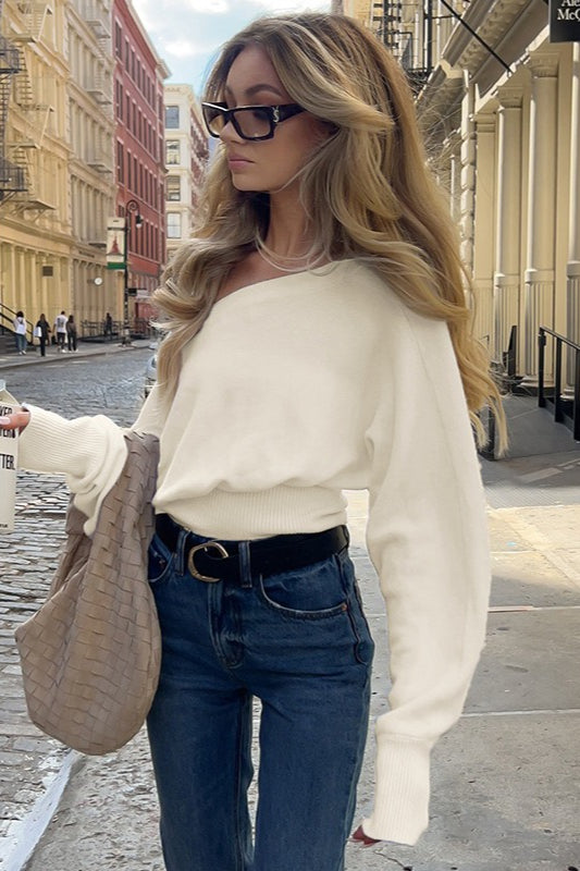 Women's Off Shoulder Fitted Knit Sweater – Slim Fit Pullover