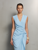 Women's Elegant Light Blue Stretch Knit V-neck Sleeveless Midi Dress