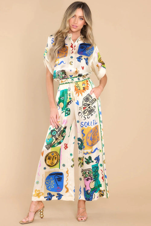 Women's Oversized Ivory Print Shirt And Pants Set – Relaxed Chic Outfit