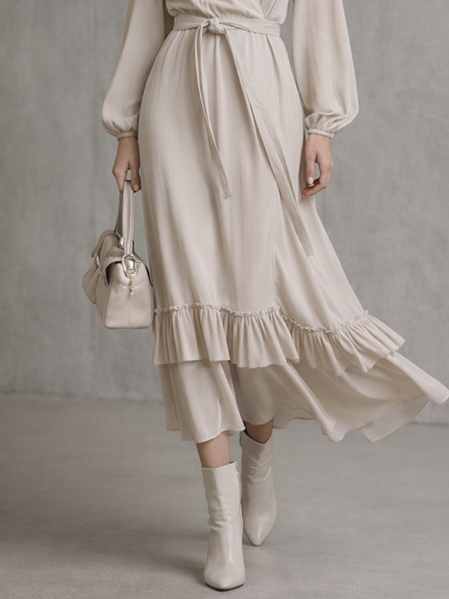 Women's Beige Cotton Blend Long-Sleeve Ruffled Wrap Midi Dress