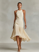 Women's Ivory Crepe Dress With Halter Neck & Pleated Ruffle Hem, Timeless Elegant-Glam Style Dress