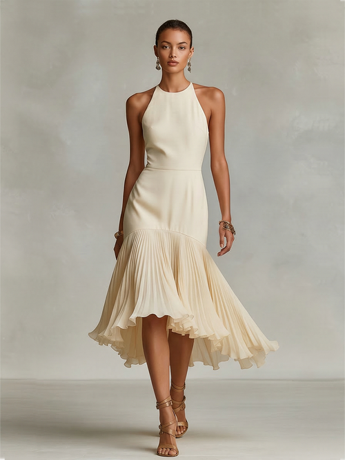 Women's Ivory Crepe Dress With Halter Neck & Pleated Ruffle Hem, Timeless Elegant-Glam Style Dress