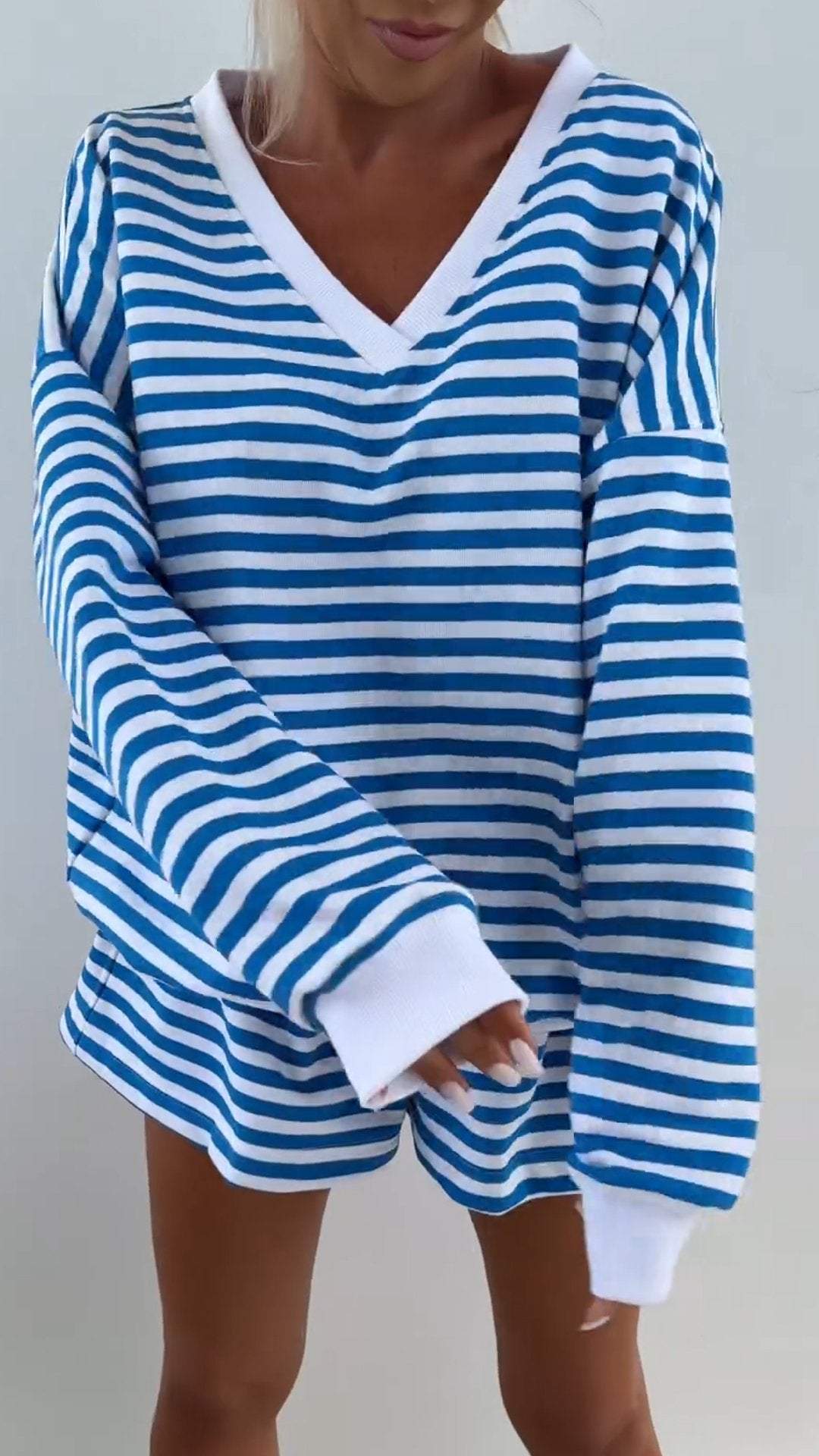 Women's V-Neck Striped Long Sleeve Two Piece Set – Casual Outfit
