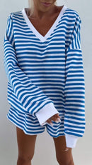 Women's V-Neck Striped Long Sleeve Two Piece Set – Casual Outfit