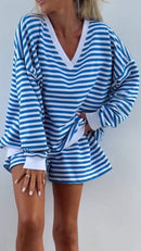 Women's V-Neck Striped Long Sleeve Two Piece Set – Casual Outfit