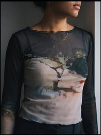 Abstract Print Black Mesh Long Sleeve Sheer Top