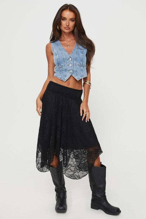 Asymmetrical Hem Lace Detail Midi Skirt