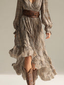 Women's Beige - Plaid Bohemian Chiffon Ruffled Midi Dress (without Belt)