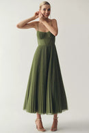 Women's Pleated Corset Midi Dress – Elegant Sleeveless Dinner Dress