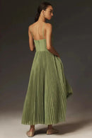 Women's Pleated Corset Midi Dress – Elegant Sleeveless Dinner Dress