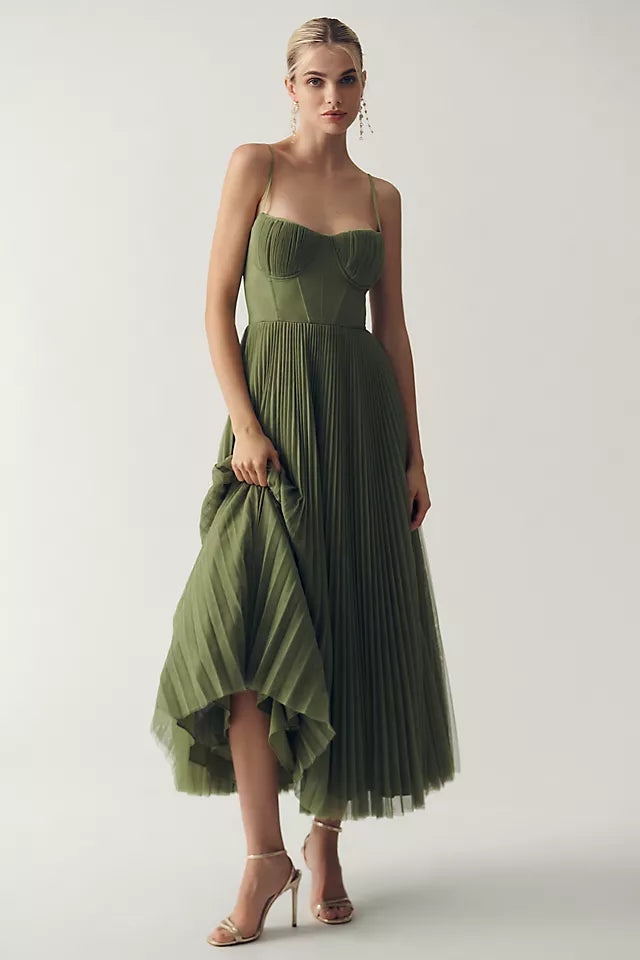 Women's Pleated Corset Midi Dress – Elegant Sleeveless Dinner Dress