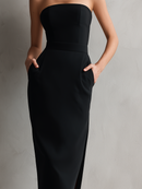 Women's Elegant Black Stretch Strapless Bodycon Midi Dress