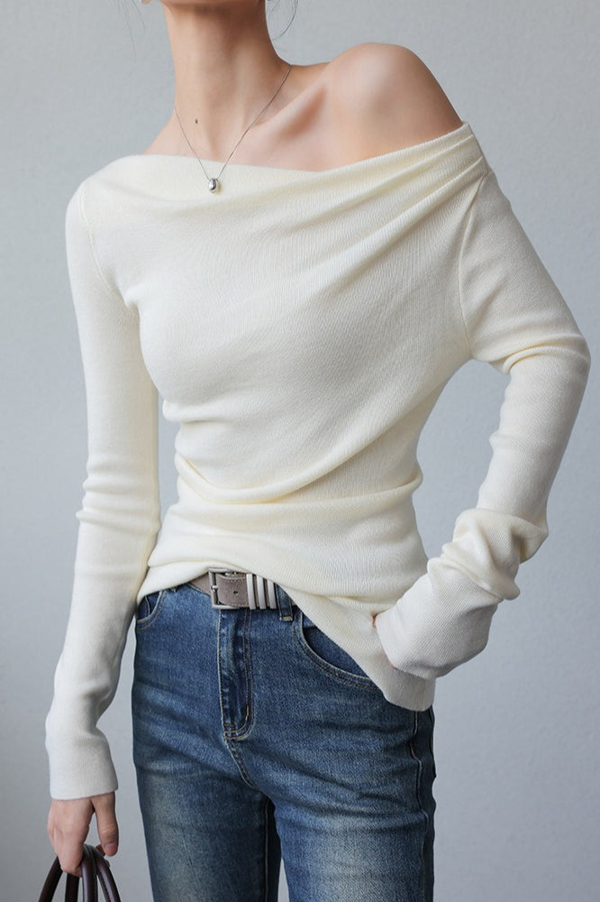 Asymmetric Neck Slim Knit Top