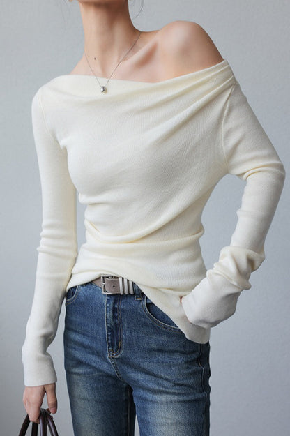 Asymmetric Neck Slim Knit Top