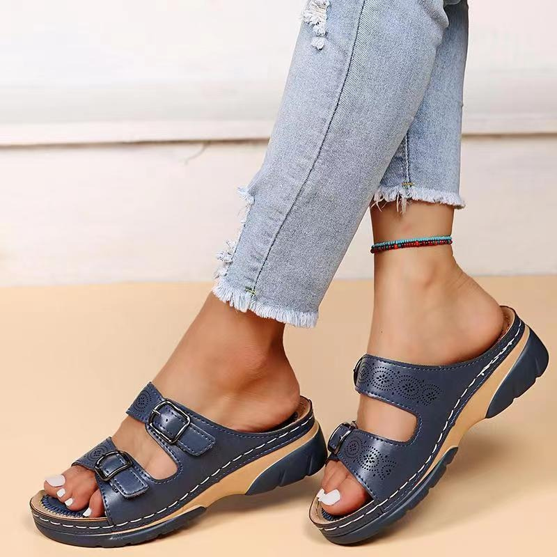 Women's Orthopedic Open-Toe Leather Sandals – Adjustable Buckle Comfort Shoes